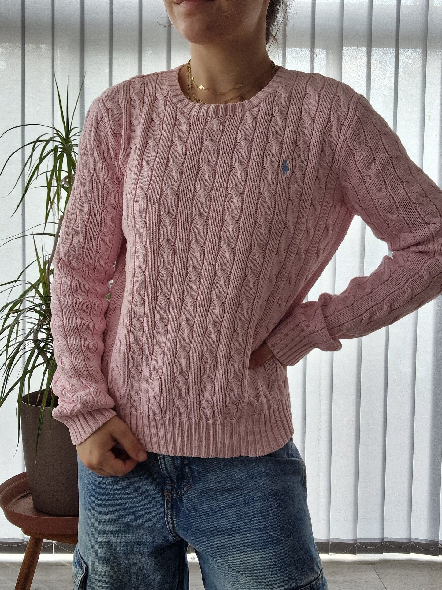 Pull en maille torsadée rose clair - S/M