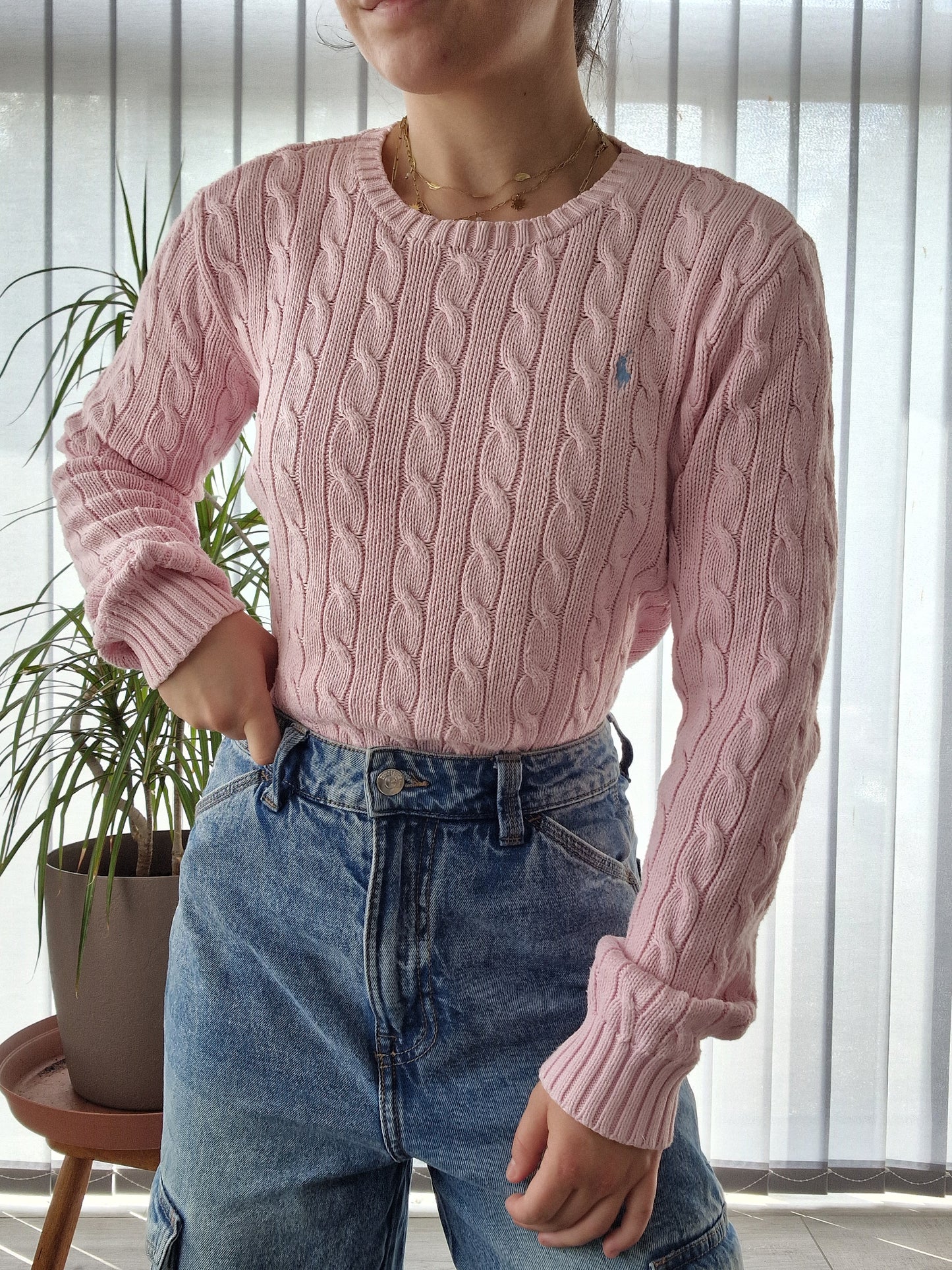 Pull en maille torsadée rose clair - S/M