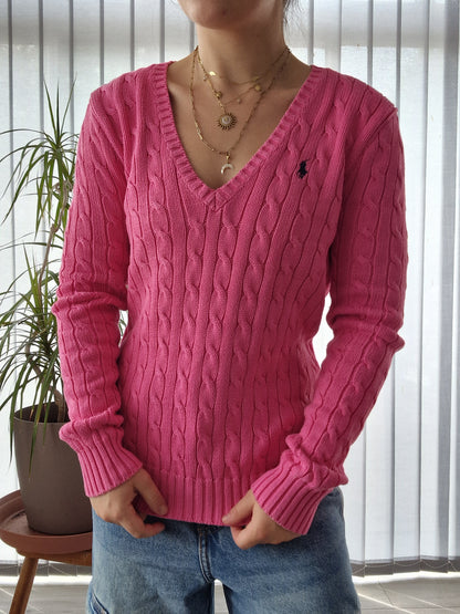 Pull col V en maille torsadée rose fushia - M/38