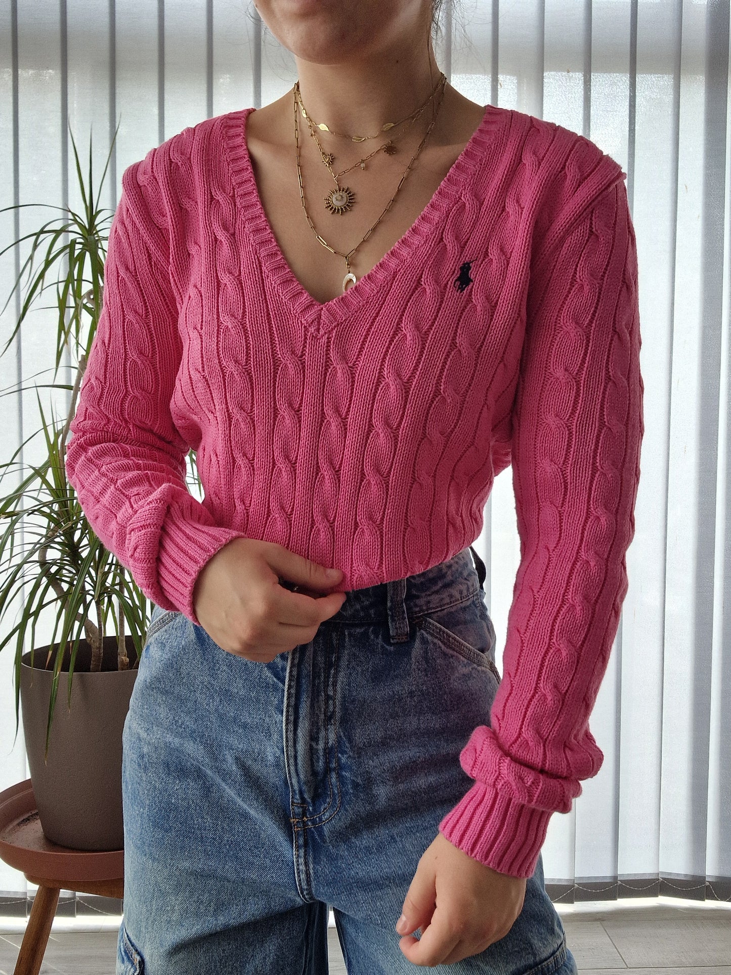 Pull col V en maille torsadée rose fushia - M/38