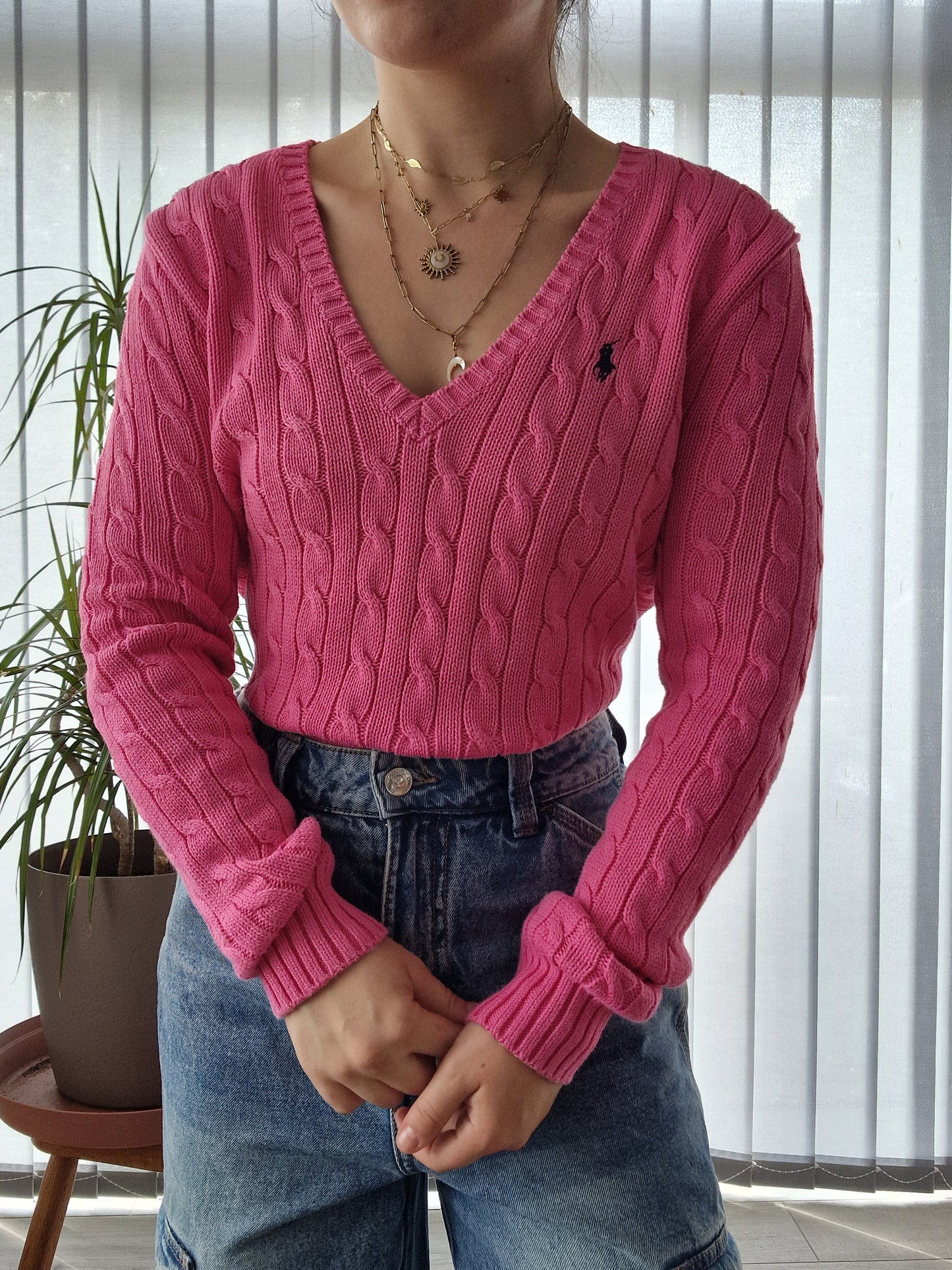 Pull col V en maille torsadée rose fushia - M/38