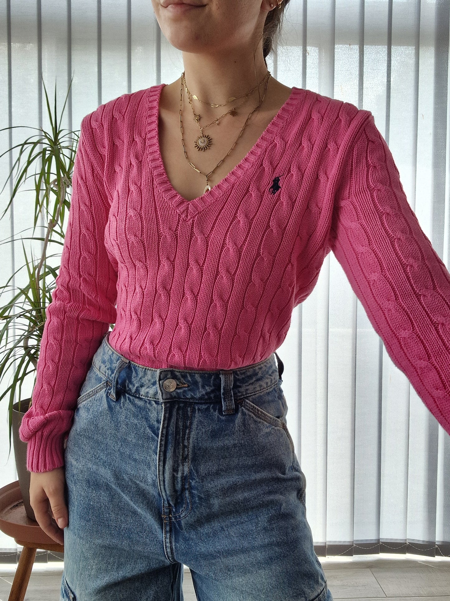 Pull col V en maille torsadée rose fushia - M/38