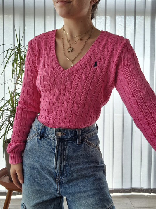 Pull col V en maille torsadée rose fushia - M/38