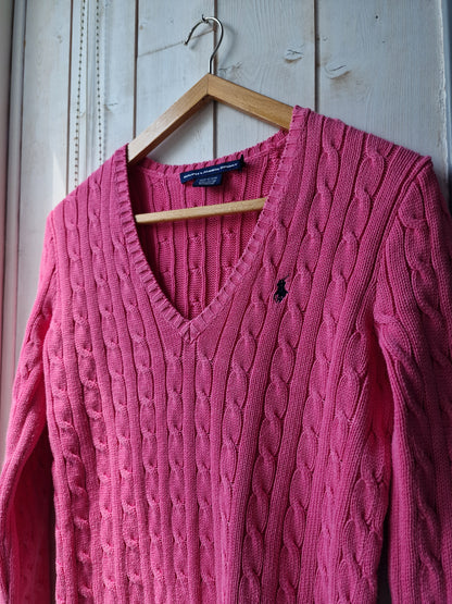 Pull col V en maille torsadée rose fushia - M/38