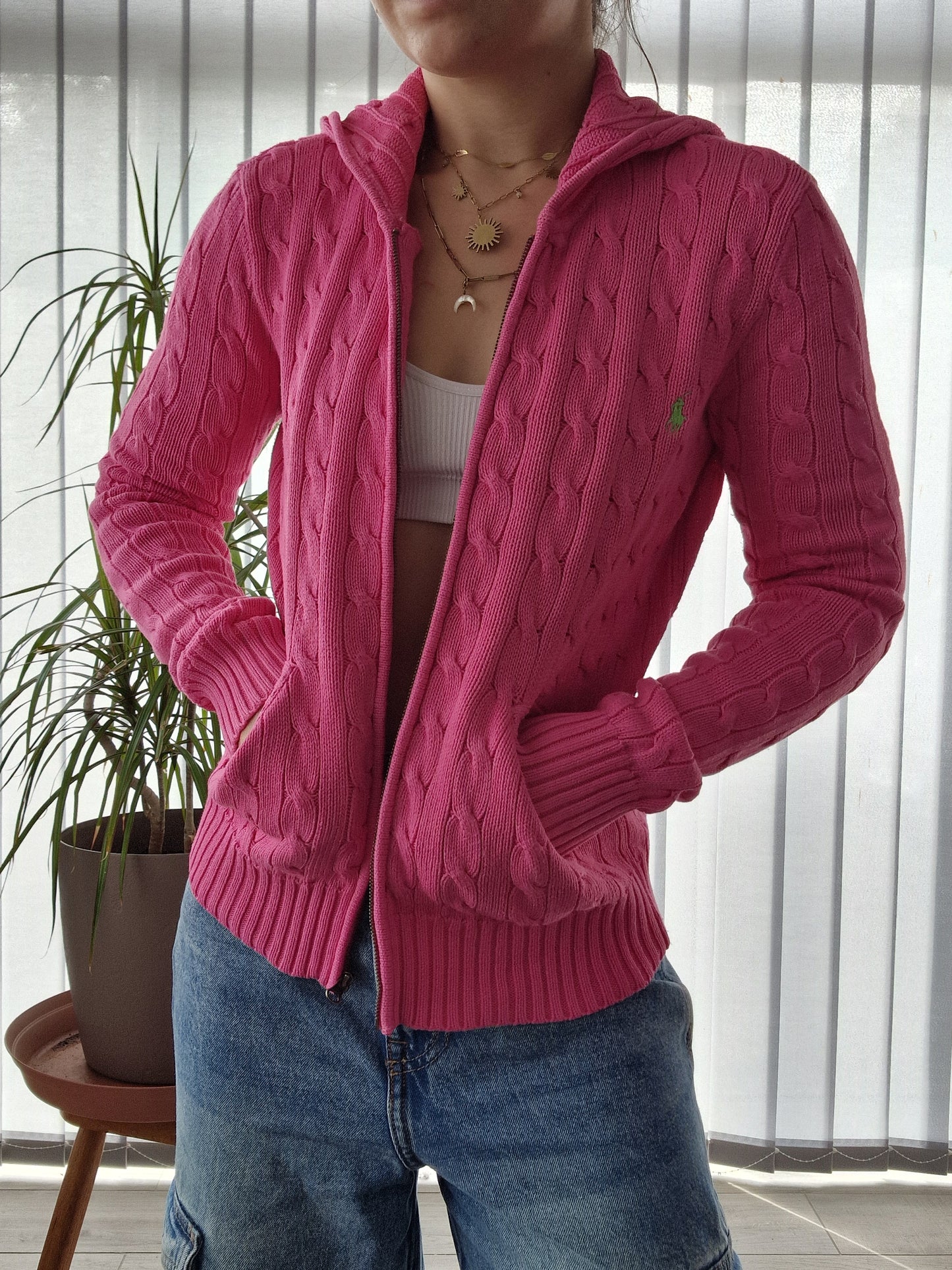 Veste à capuche en maille torsadée rose fushia - XS/S