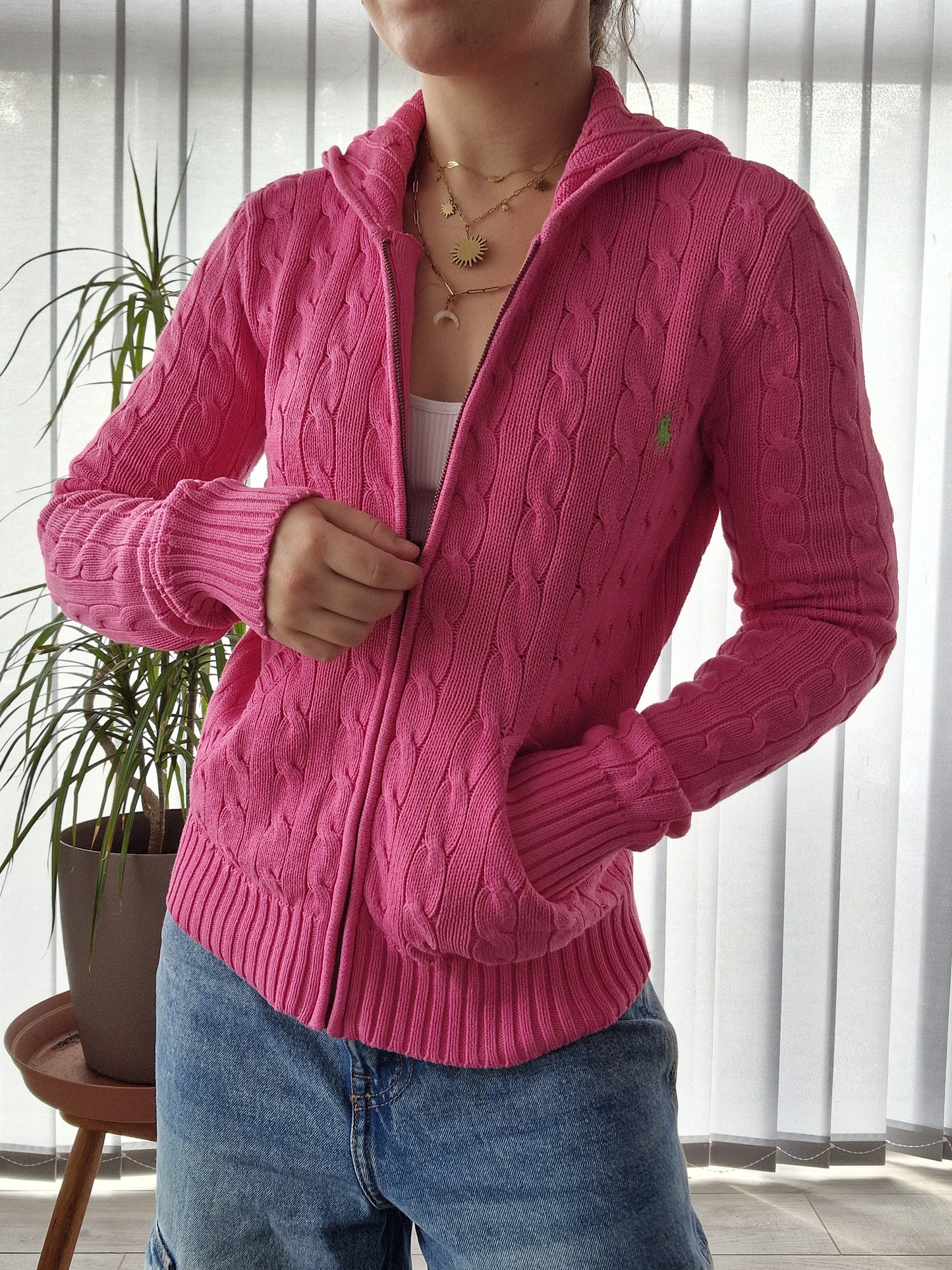 Veste à capuche en maille torsadée rose fushia - XS/S