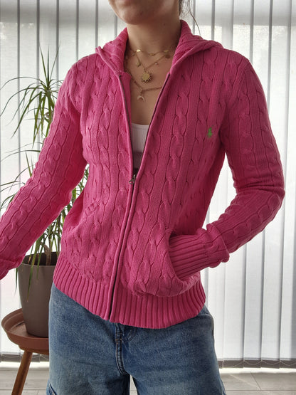 Veste à capuche en maille torsadée rose fushia - XS/S