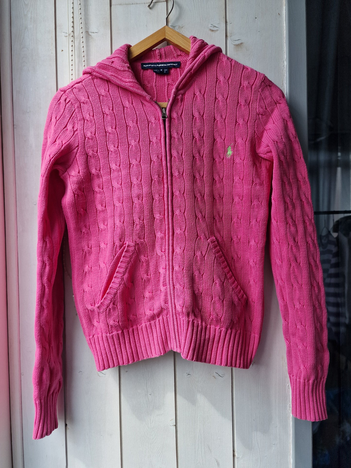 Veste à capuche en maille torsadée rose fushia - XS/S