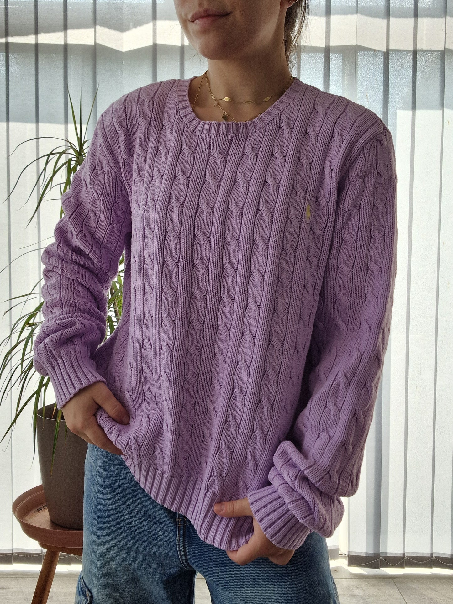 Pull en maille torsadée lila - XL/42