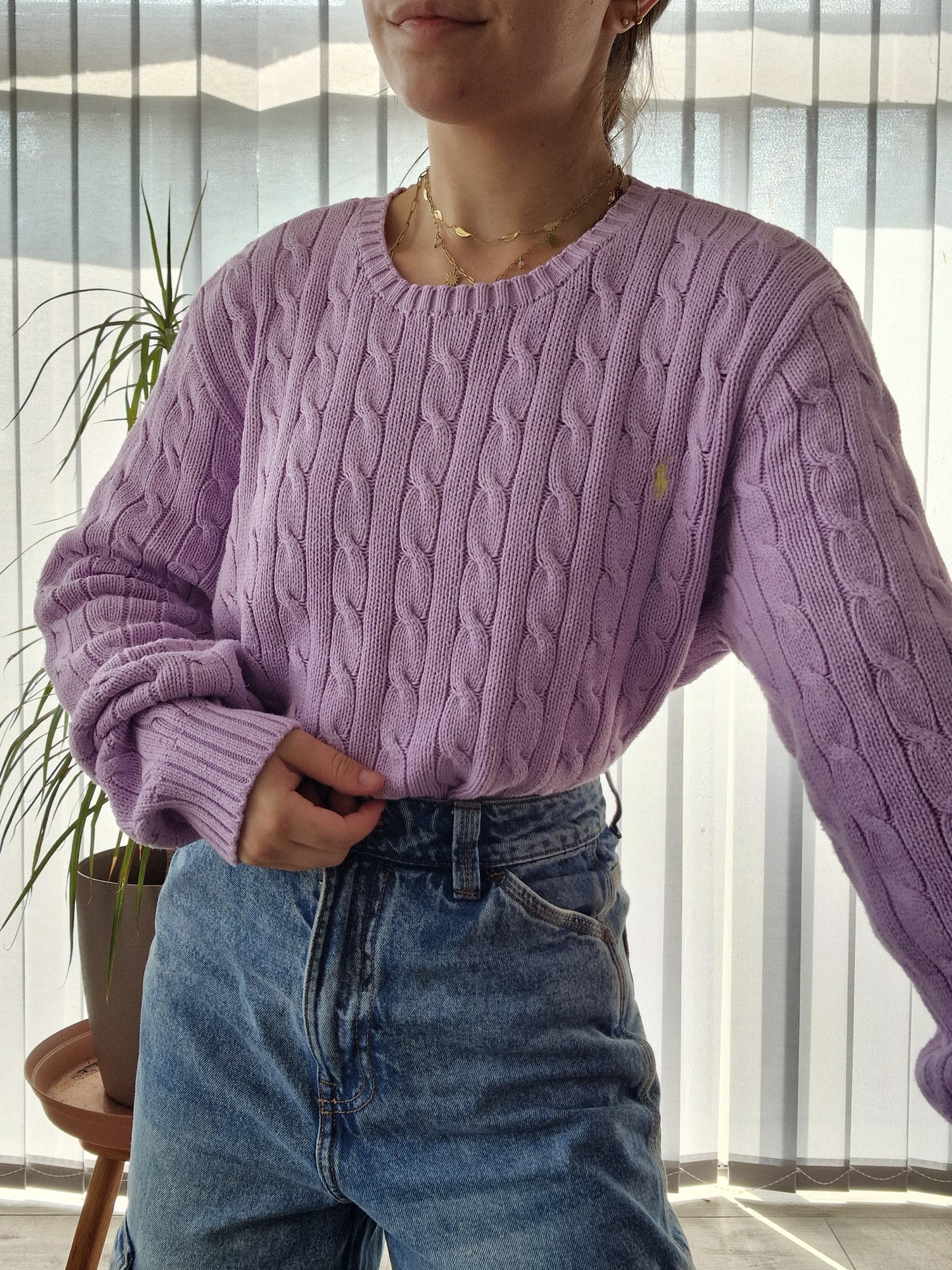 Pull en maille torsadée lila - XL/42