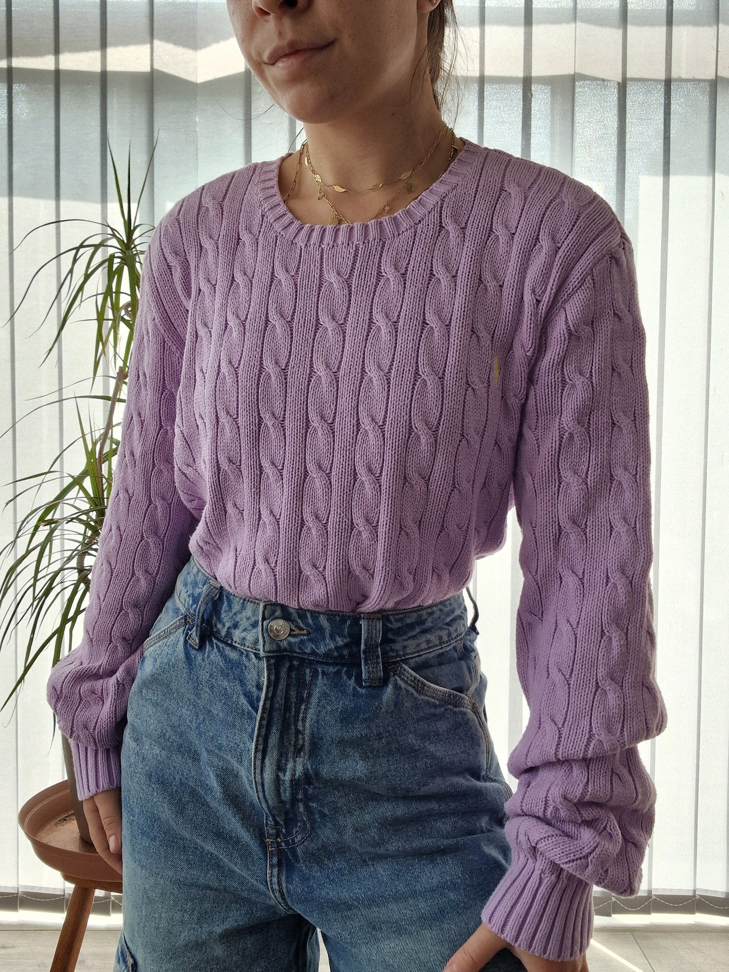 Pull en maille torsadée lila - XL/42