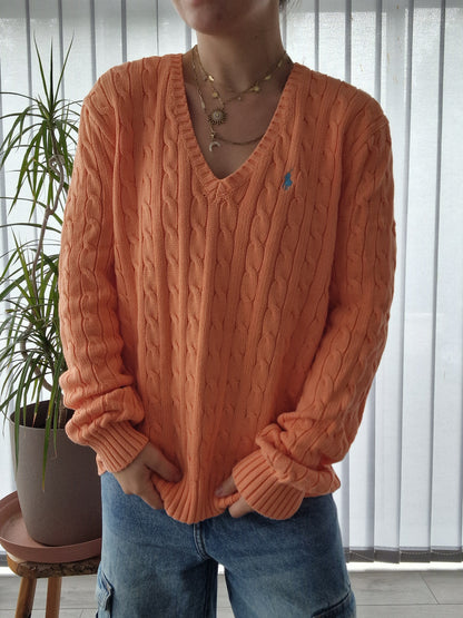 Pull col V en maille torsadée orange - XL/42