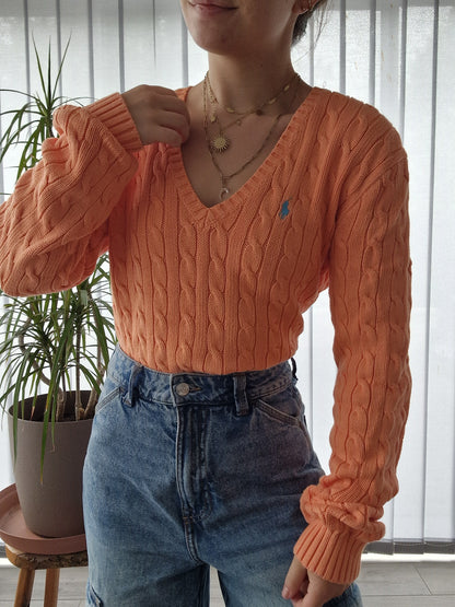 Pull col V en maille torsadée orange - XL/42