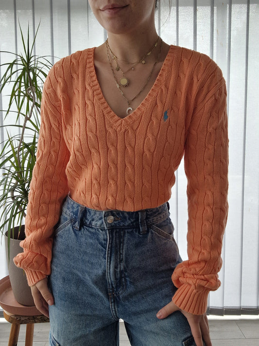 Pull col V en maille torsadée orange - XL/42