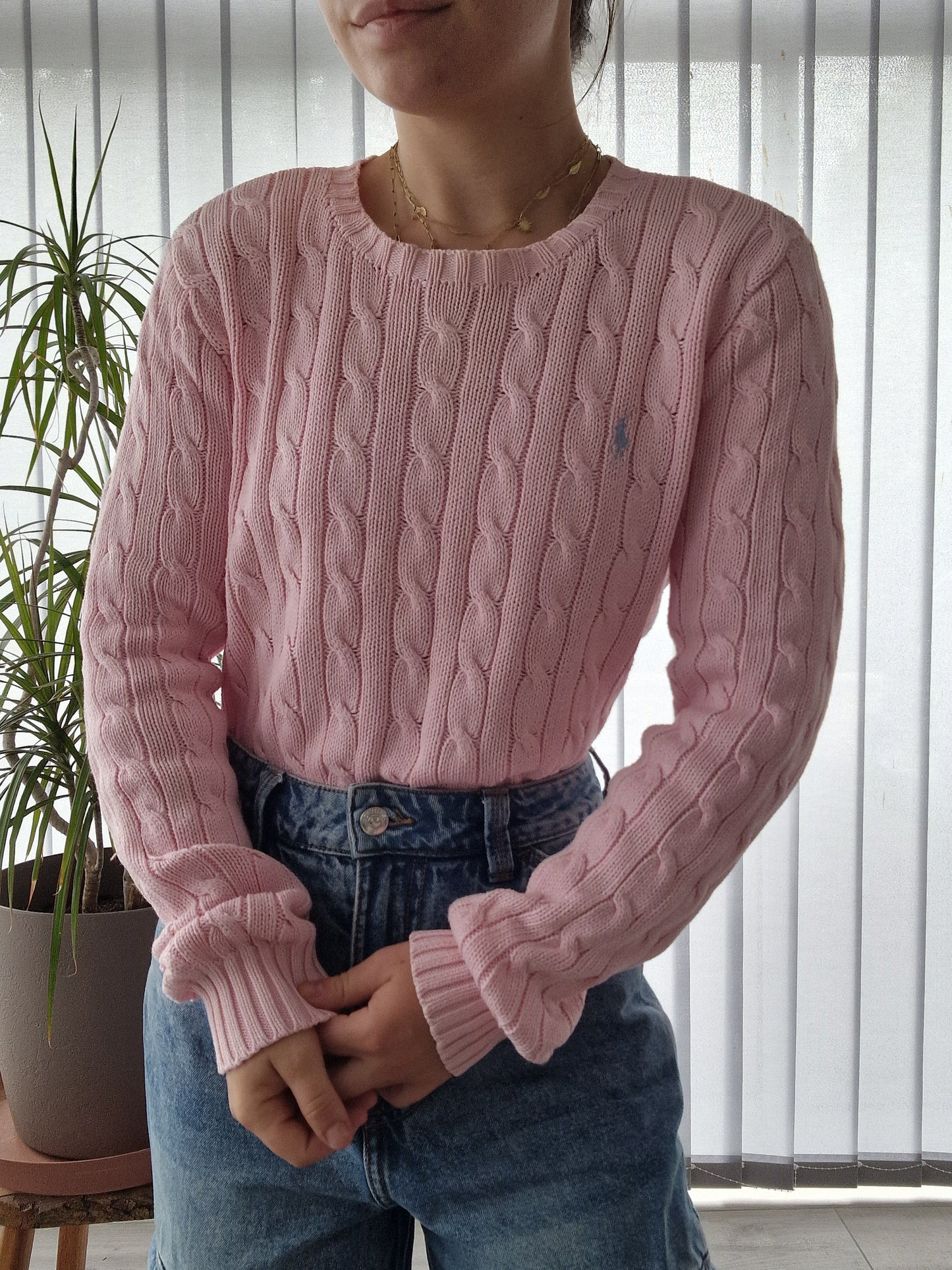 Pull en maille torsadée rose - S/M