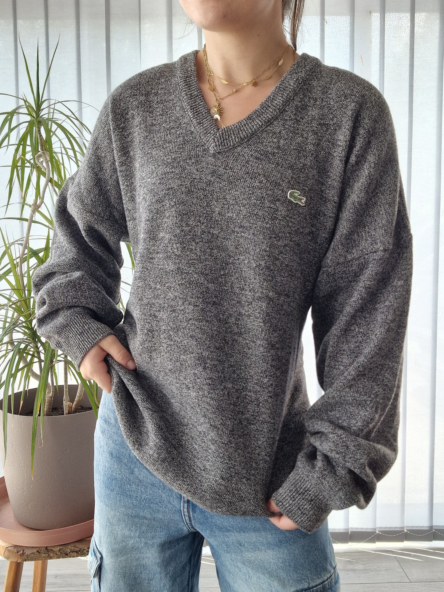 Pull col V en maille gris mélangé des années 90' - XL/42