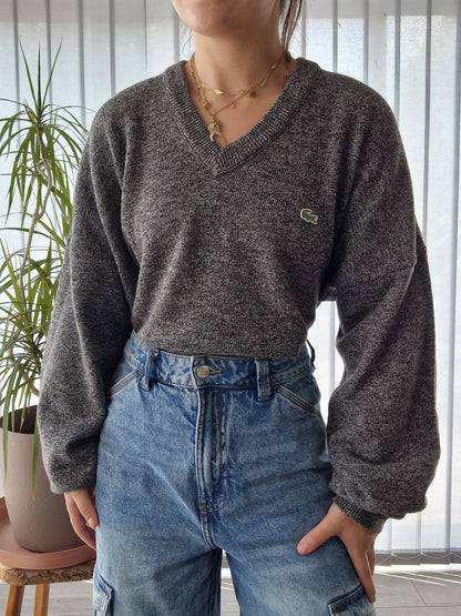 Pull col V en maille gris mélangé des années 90' - XL/42