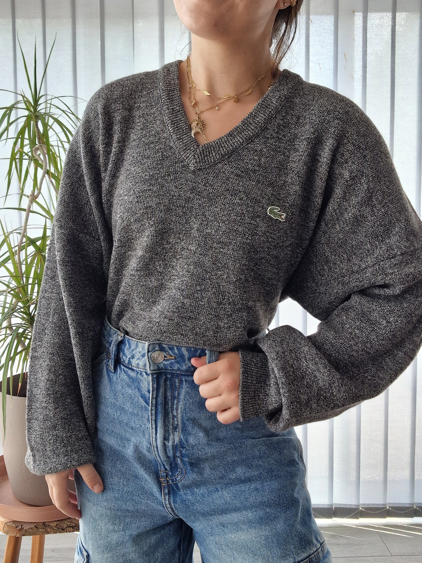 Pull col V en maille gris mélangé des années 90' - XL/42