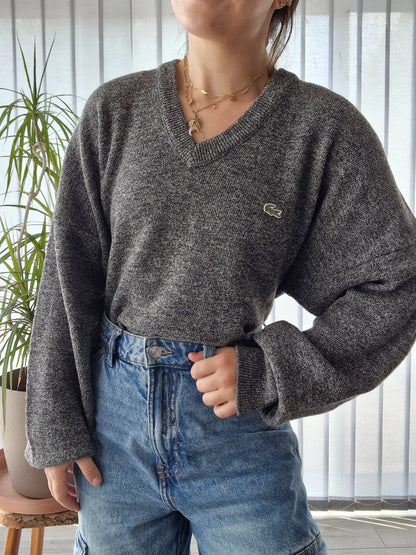 Pull col V en maille gris mélangé des années 90' - XL/42