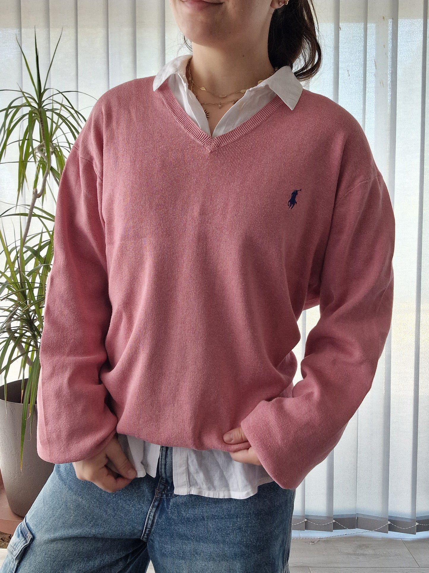 Pull MIXTE col V fin rose clair Ralph Lauren - L/40