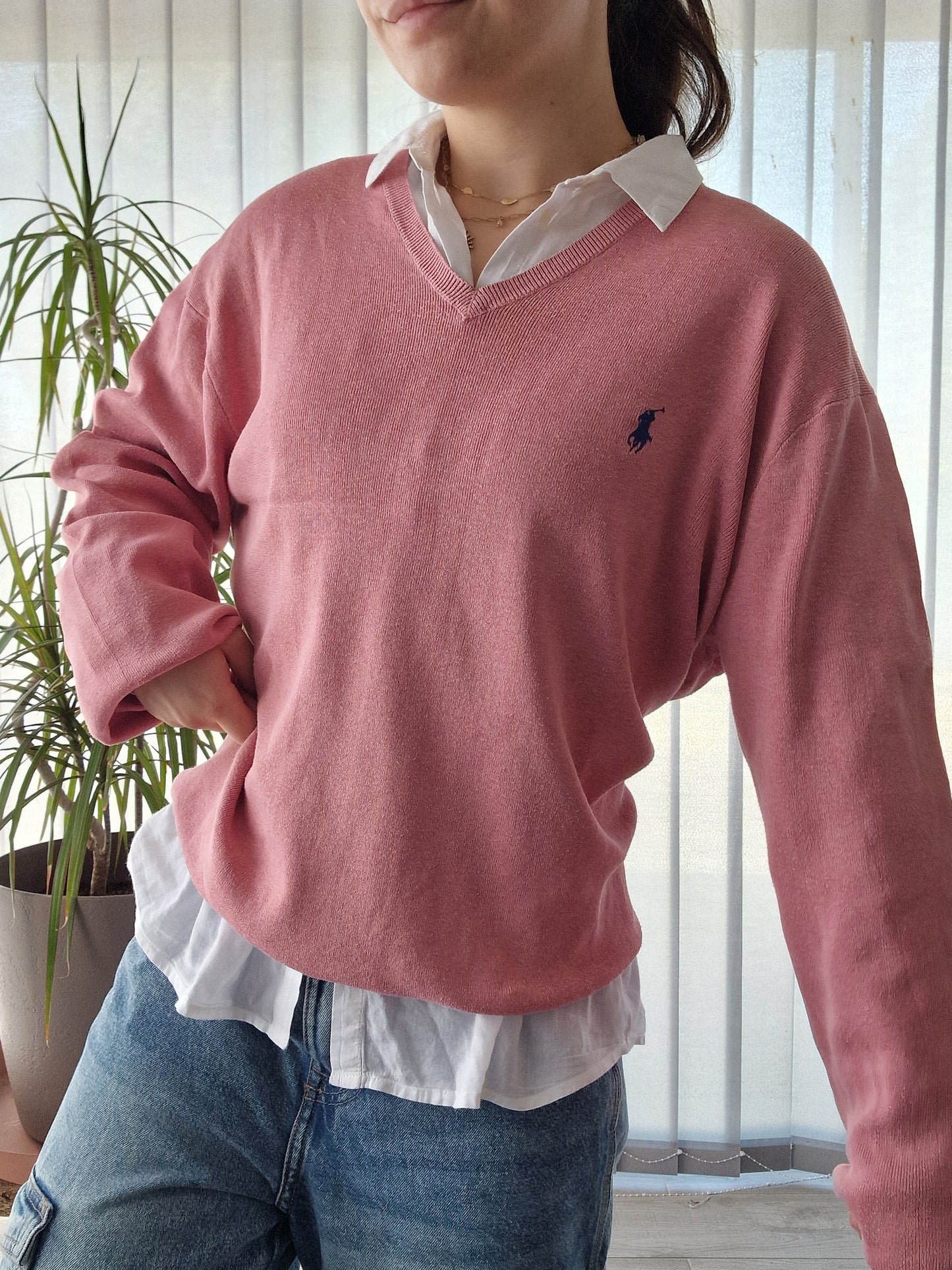 Pull MIXTE col V fin rose clair Ralph Lauren - L/40