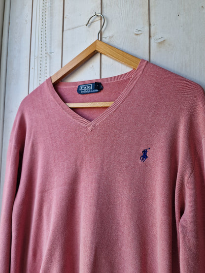 Pull MIXTE col V fin rose clair Ralph Lauren - L/40