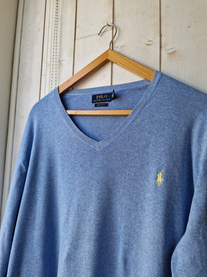 Pull col V en maille fine bleu ciel - XXL/44