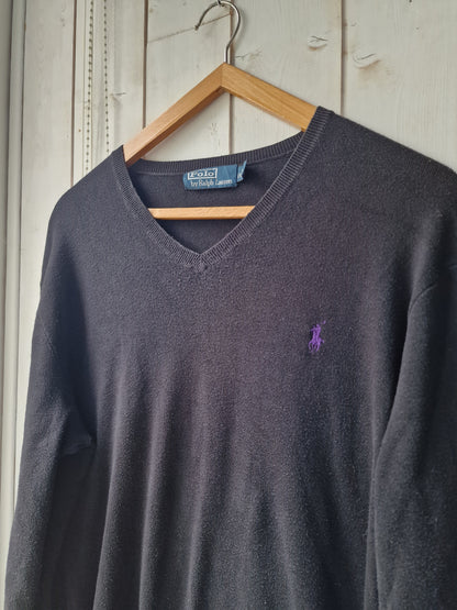 Pull col V en maille fine noire Ralph Lauren - M/L