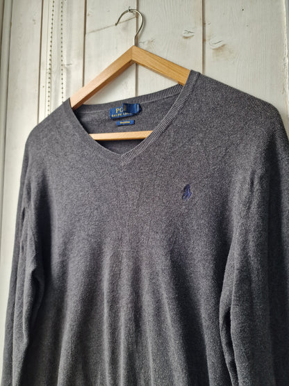 Pull col V en maille fine gris foncé  - S/36