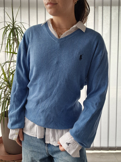 Pull col V en maille fine bleu - M/L