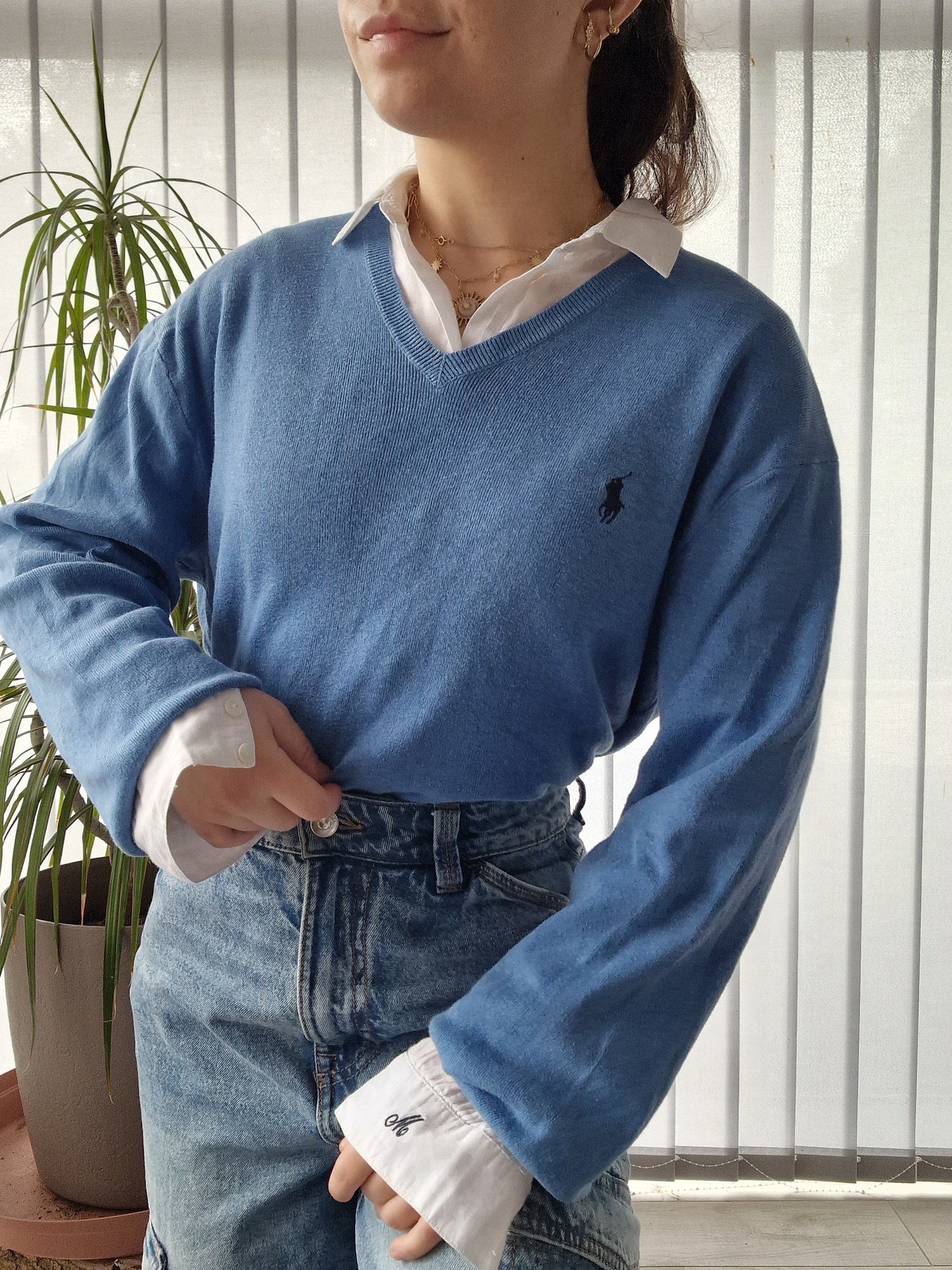 Pull col V en maille fine bleu - M/L