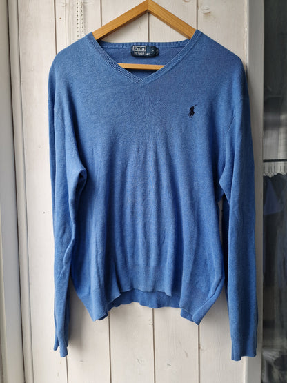 Pull col V en maille fine bleu - M/L