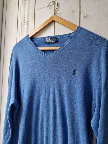 Pull col V en maille fine bleu - M/L