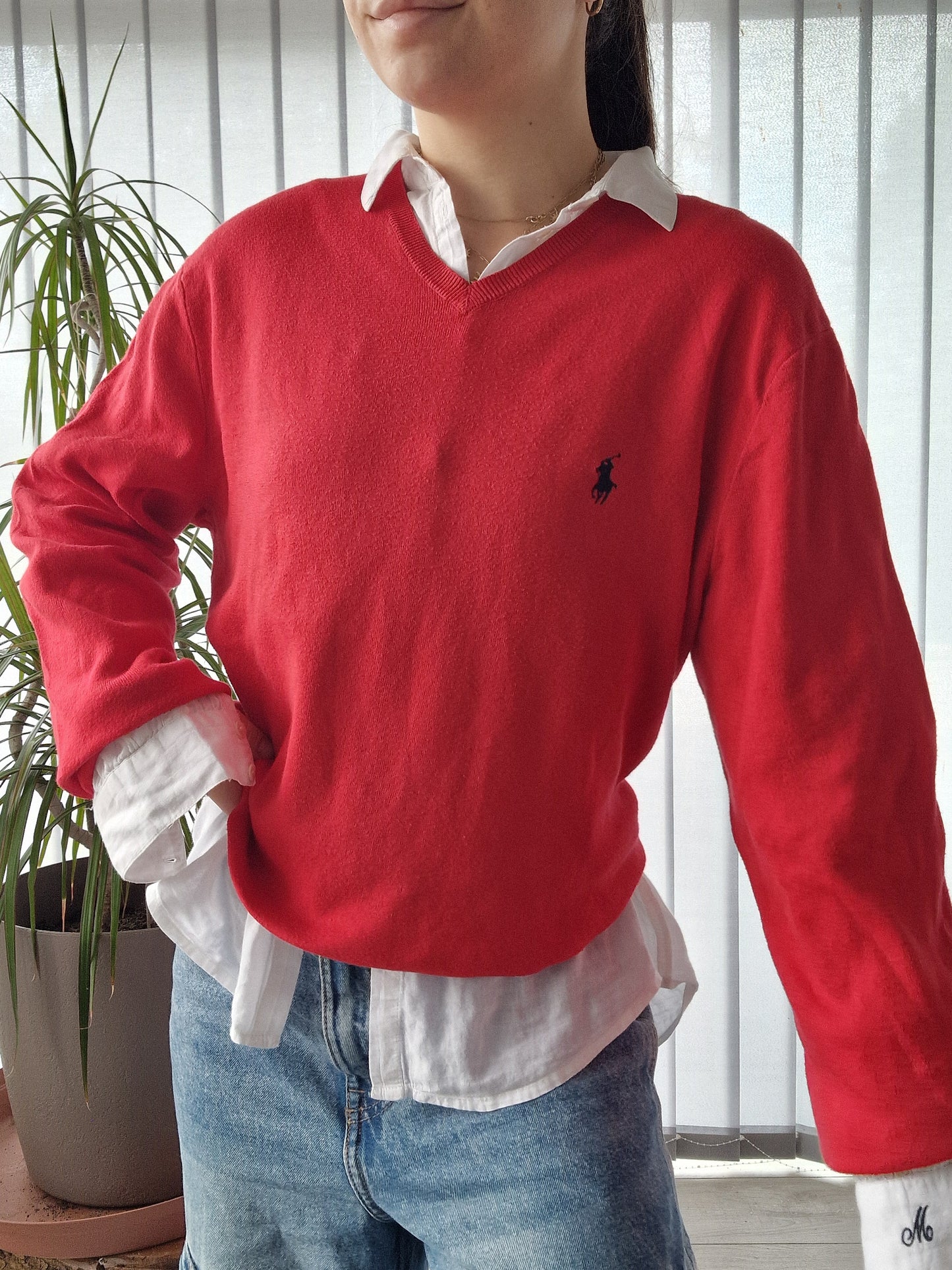 Pull col V en maille fine rouge - L/40