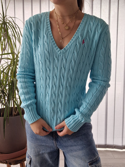 Pull col V en maille torsadée bleu ciel - M/38