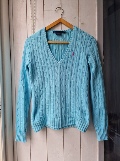 Pull col V en maille torsadée bleu ciel - M/38