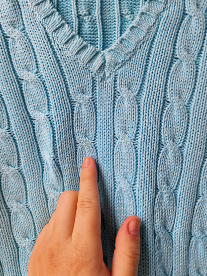 Pull col V en maille torsadée bleu ciel - M/38