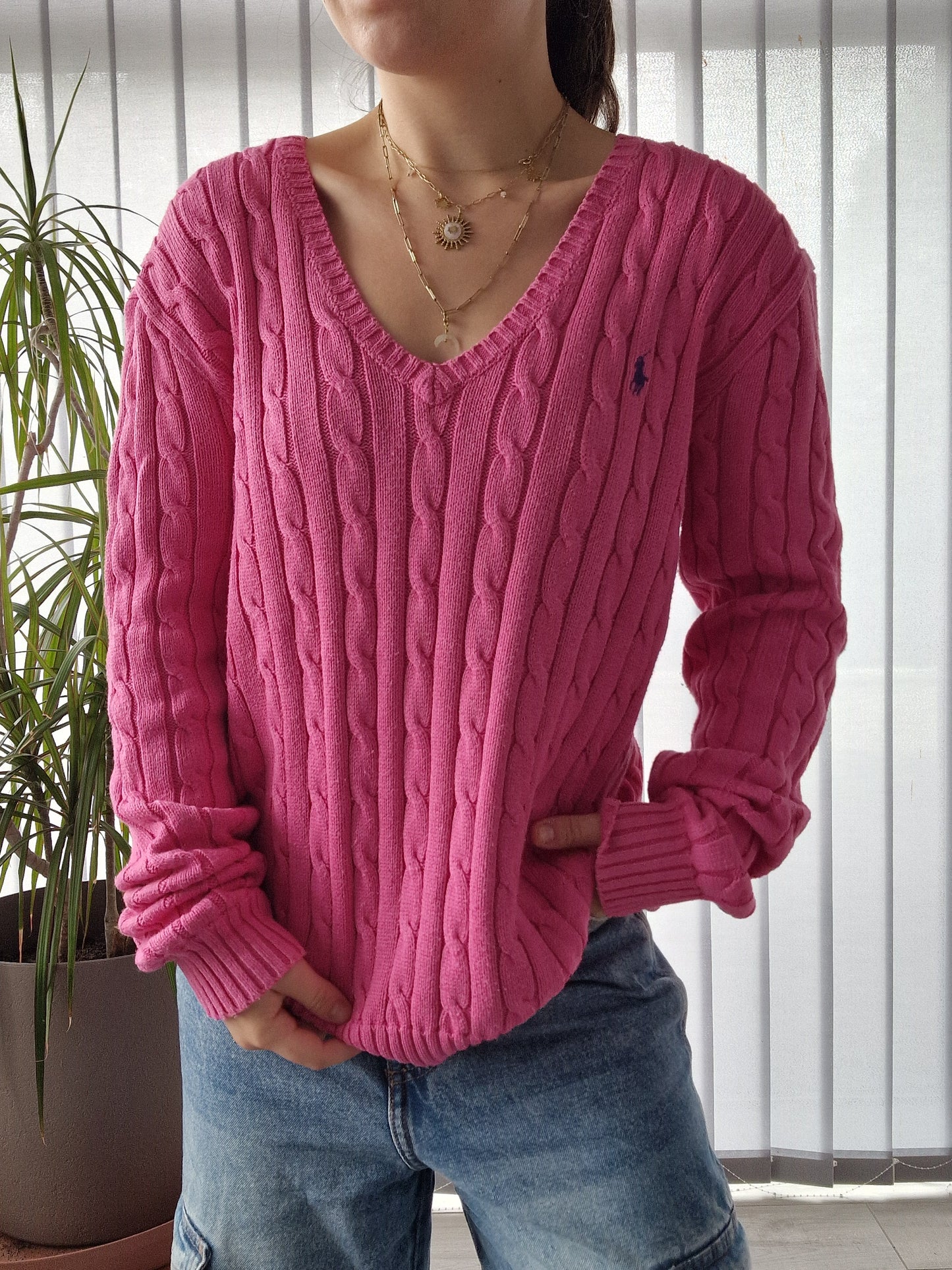 Pull col V en maille torsadée fushia - XL/42