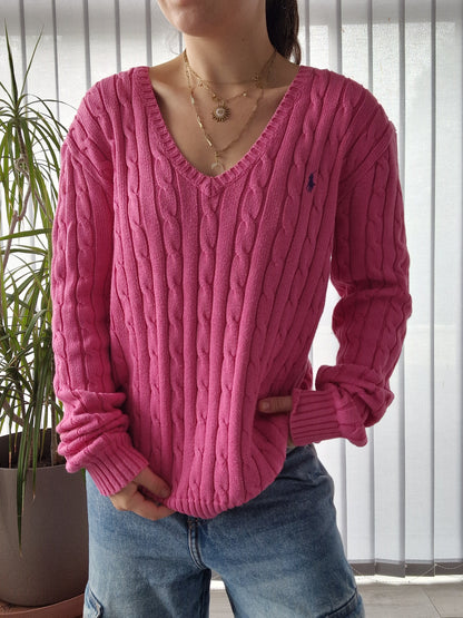 Pull col V en maille torsadée fushia - XL/42