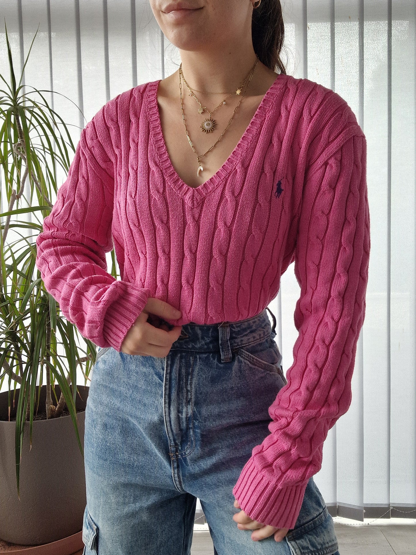 Pull col V en maille torsadée fushia - XL/42