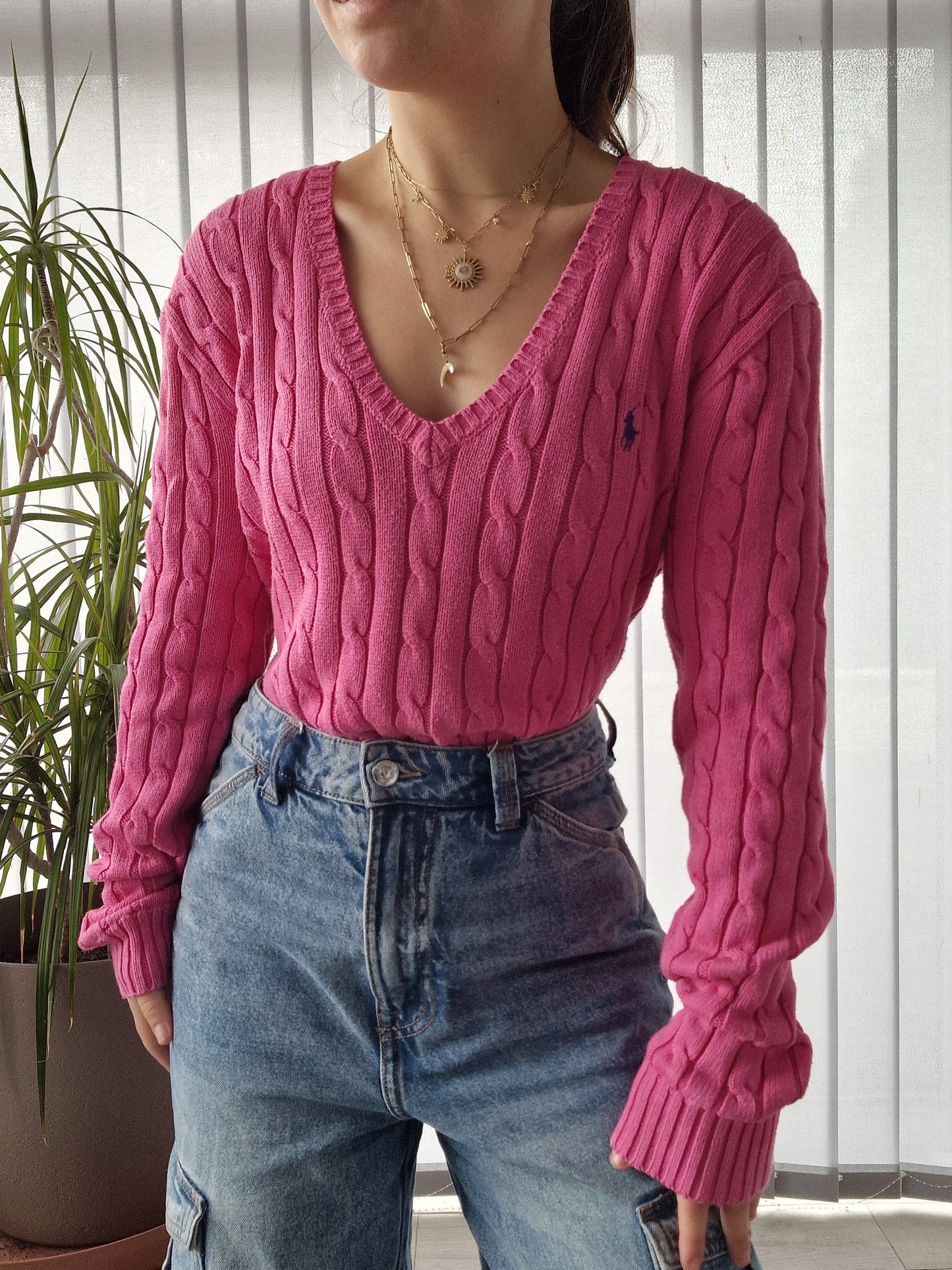 Pull col V en maille torsadée fushia - XL/42