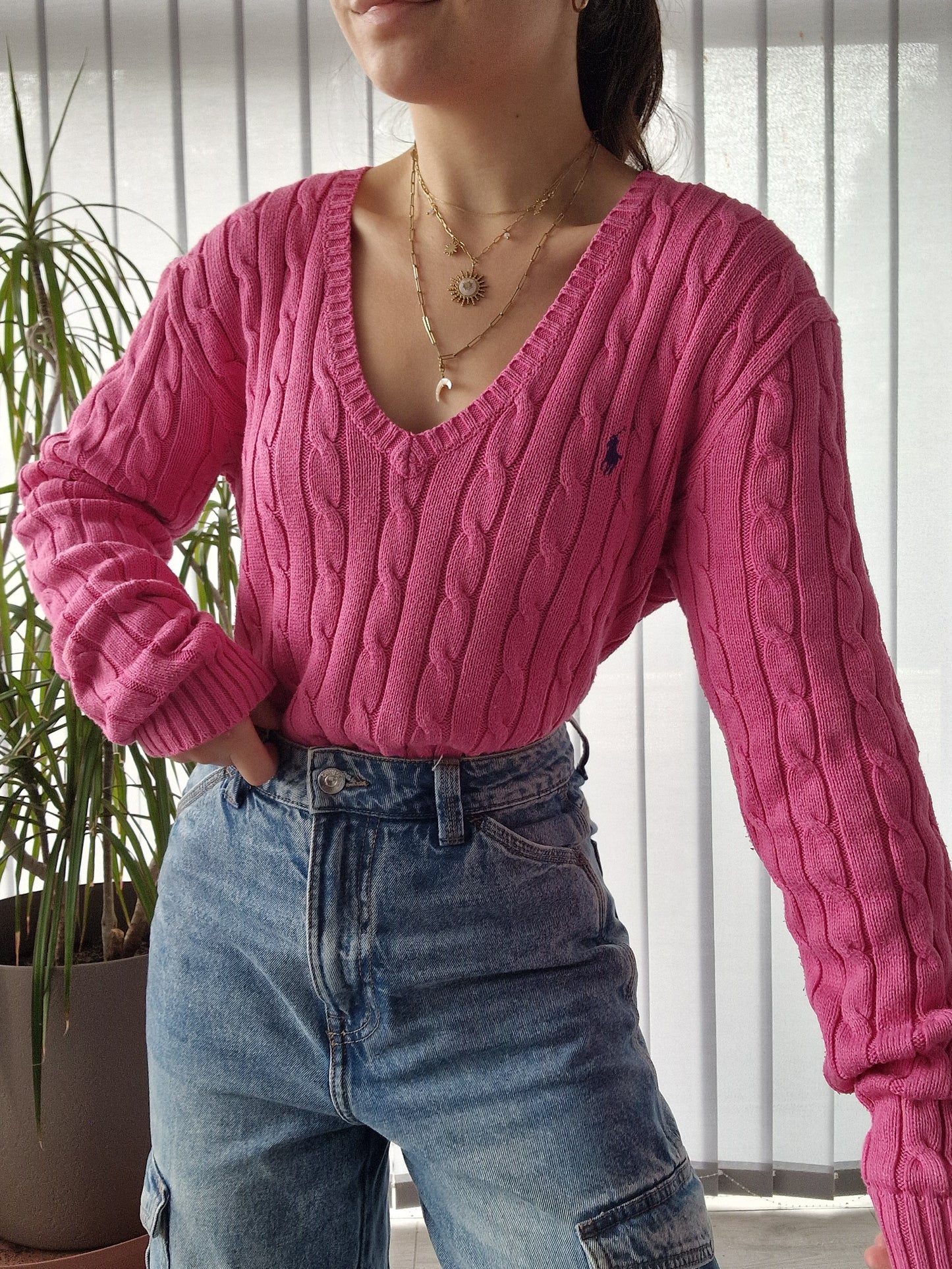 Pull col V en maille torsadée fushia - XL/42