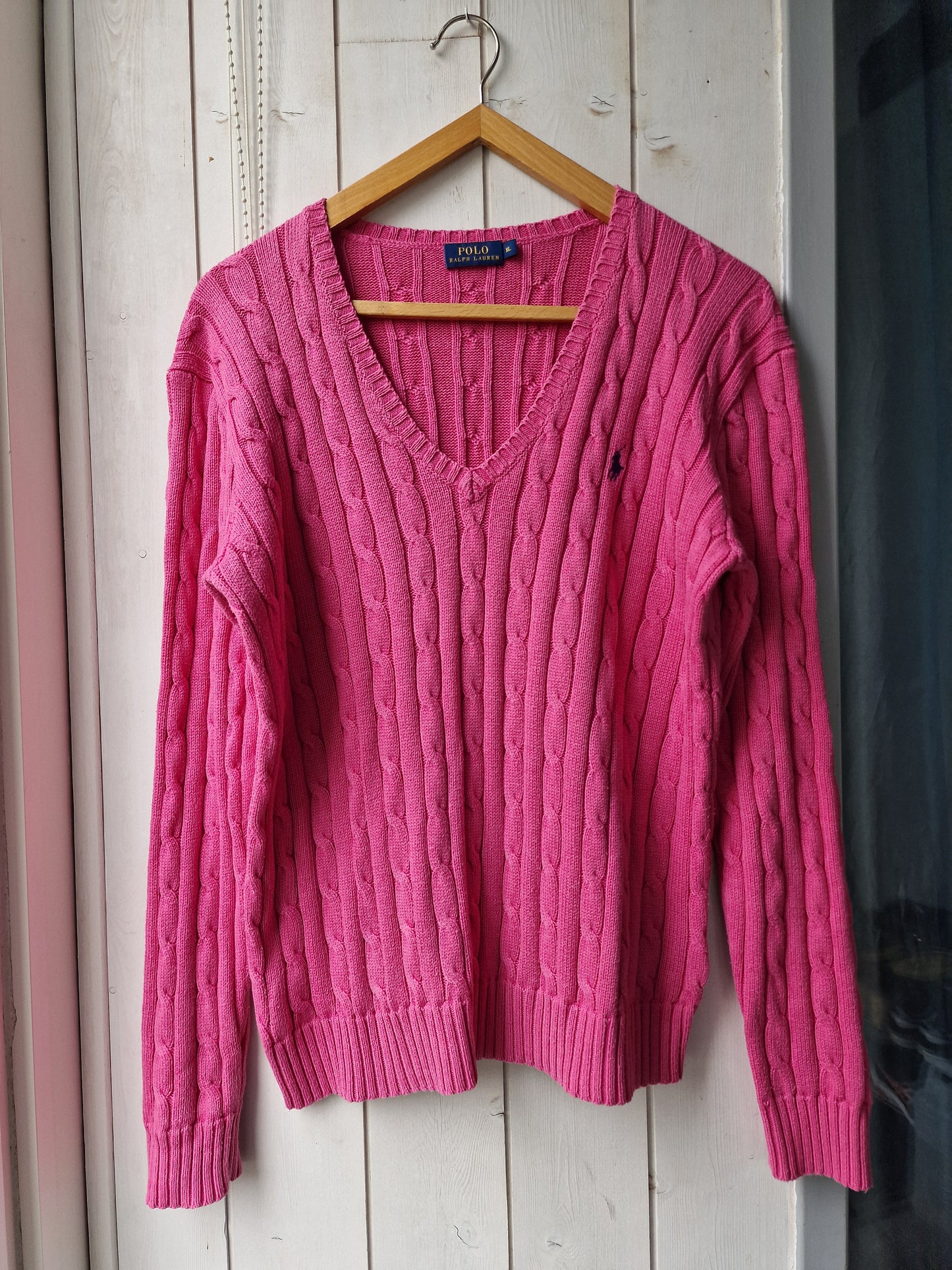 Pull col V en maille torsadée fushia - XL/42