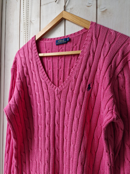 Pull col V en maille torsadée fushia - XL/42