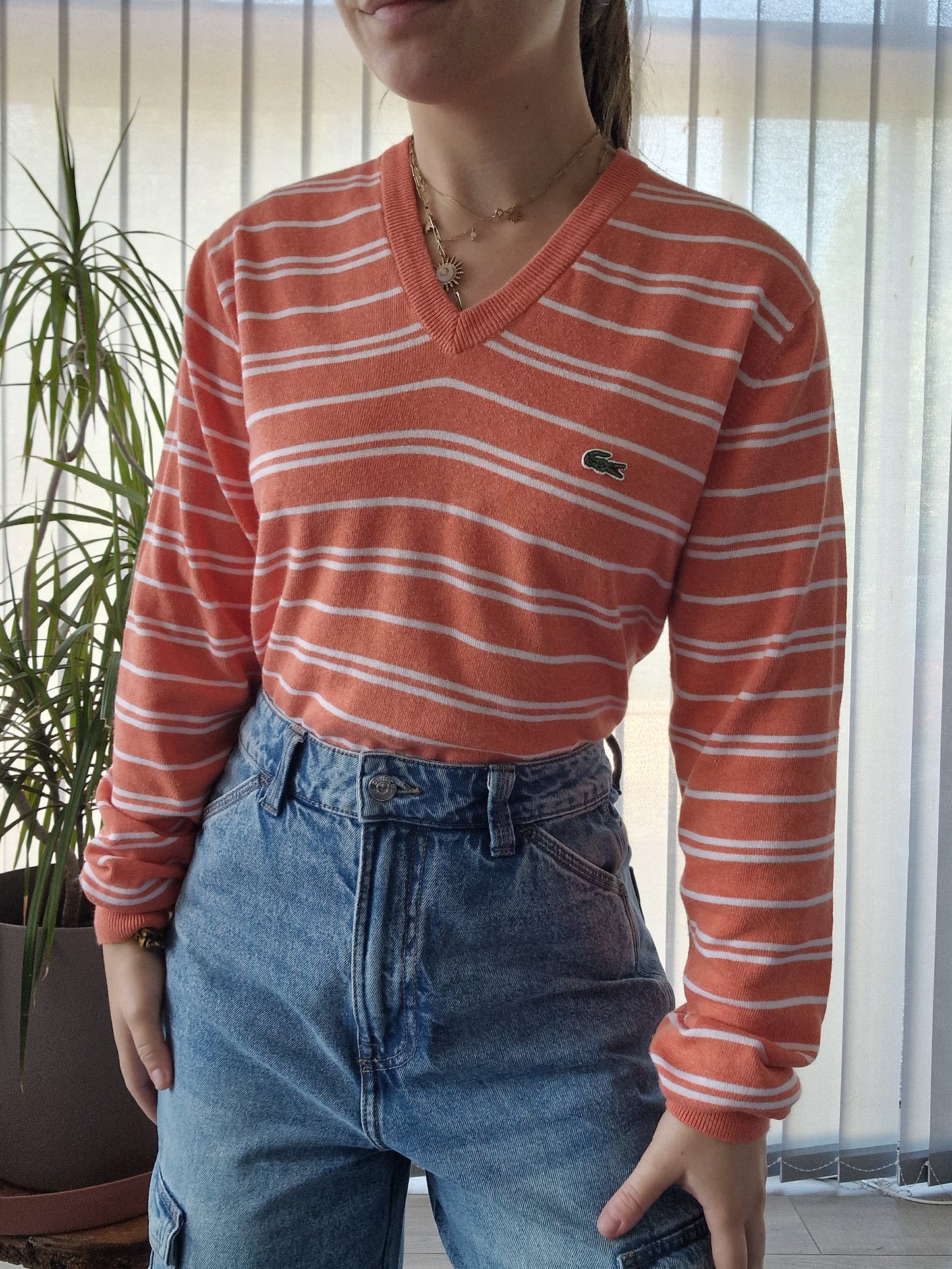 Pull léger orange à rayures des années 90' Lacoste - S/M