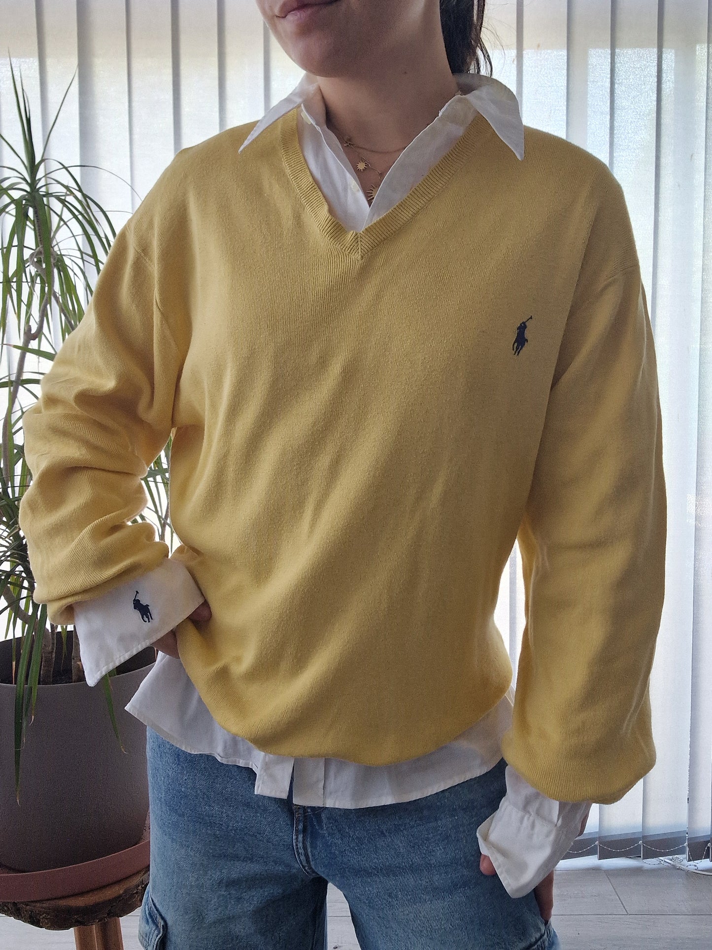 Pull col V en maille fine jaune - XL/42