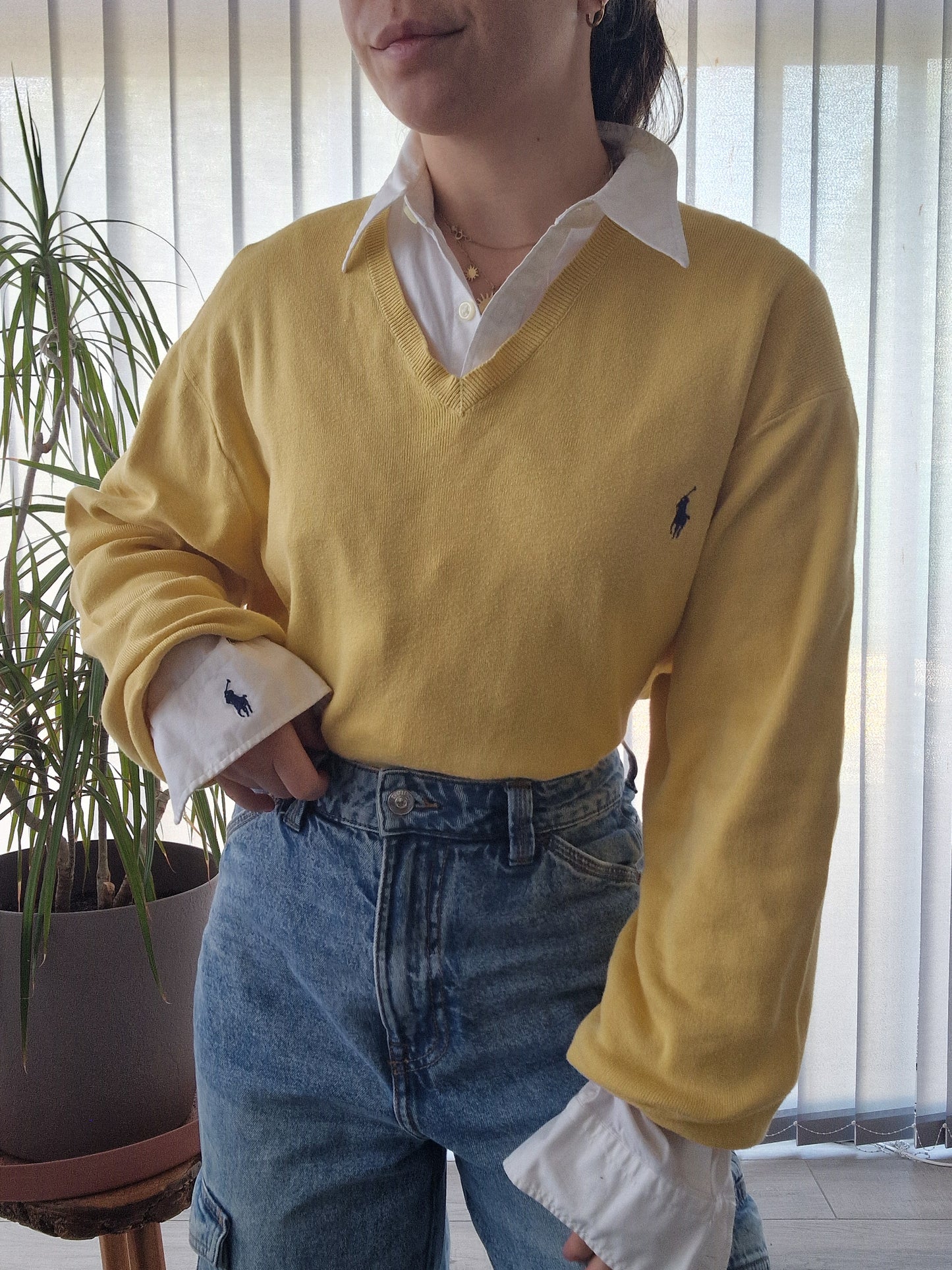 Pull col V en maille fine jaune - XL/42