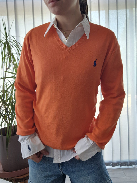 Pull col V en maille fine orange - S/M