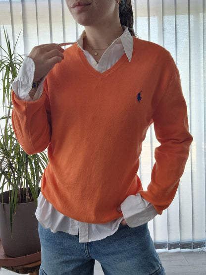 Pull col V en maille fine orange - S/M