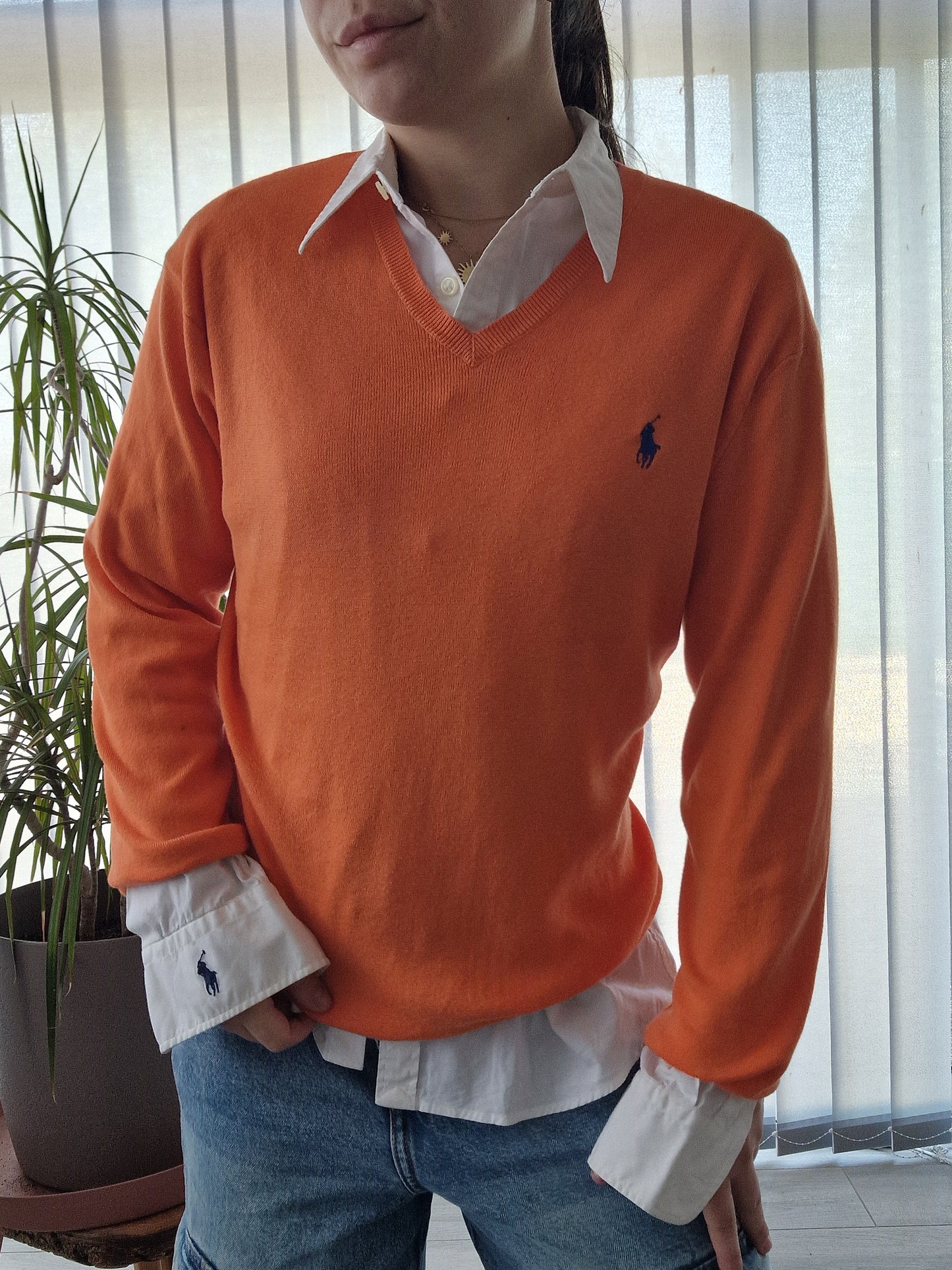 Pull col V en maille fine orange - S/M